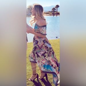 Colorful off the shoulder high low dress. size small